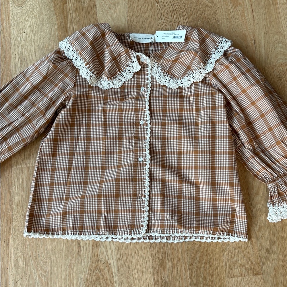 Checked Lace-Trim Puff Sleeve Top - Tan - Picture 8 of 8